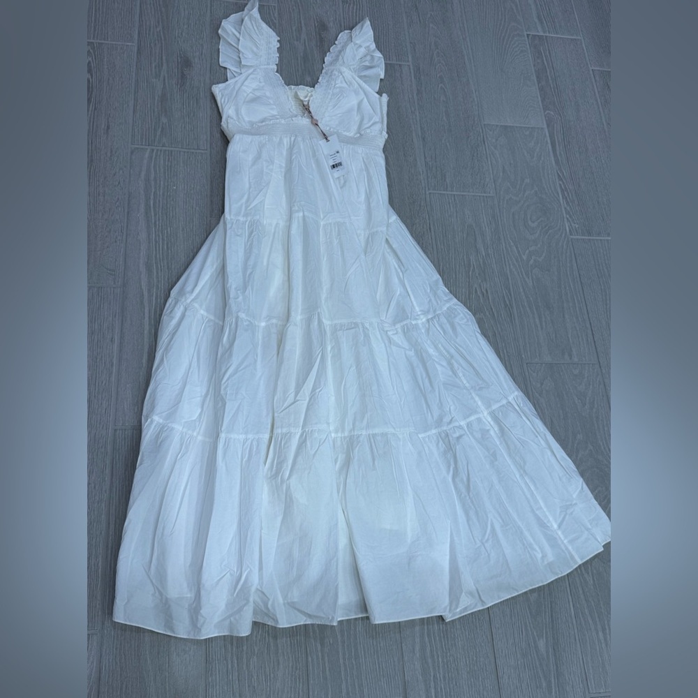 LOVESHACKFANCY Poplin Smocked Tiered Romantic White Arnene Boho Dress Large NWT - Picture 3 of 7